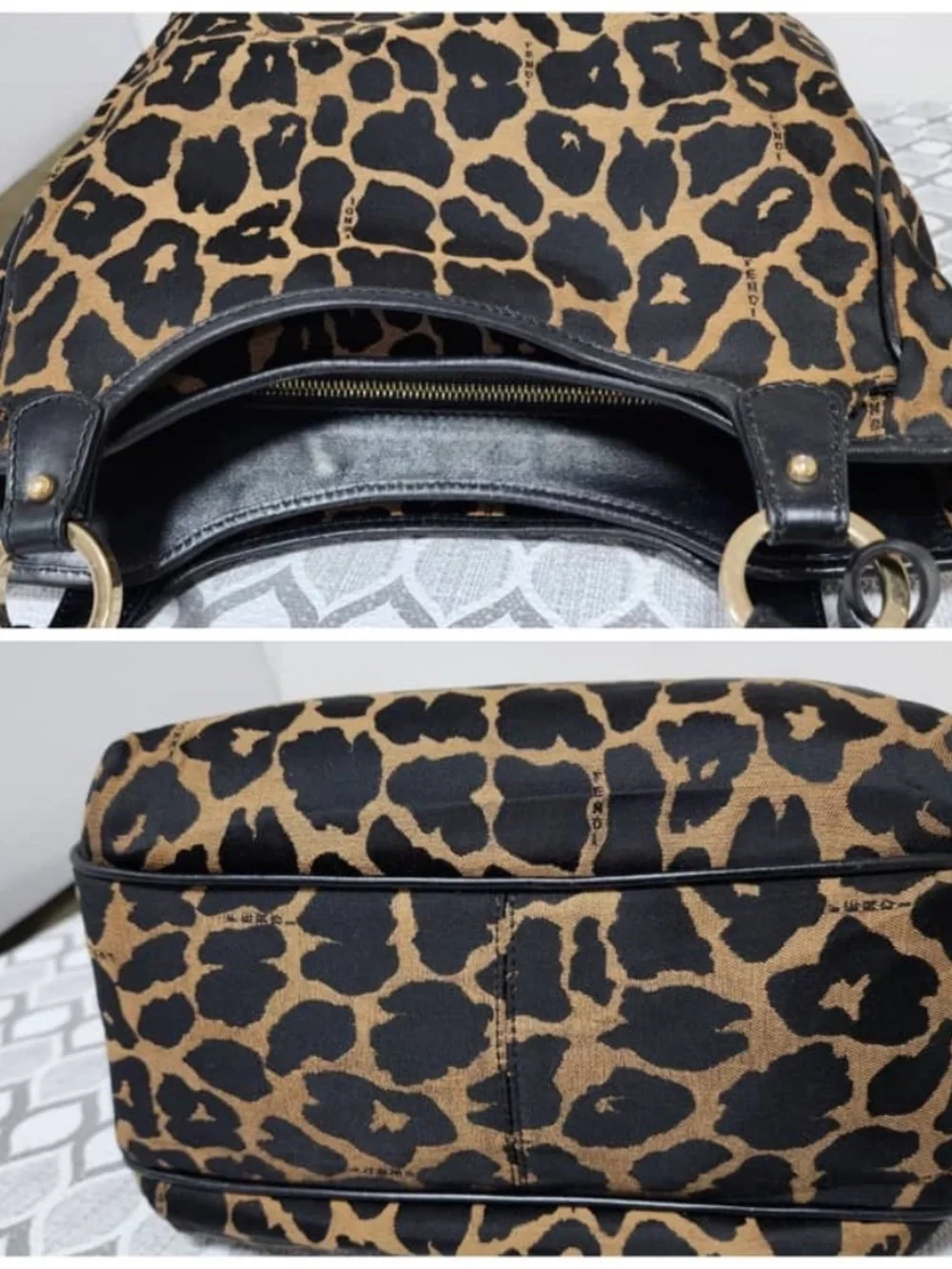 Authentic Fendi Leopard Print Canvas Shoulder Bag Brown/Black